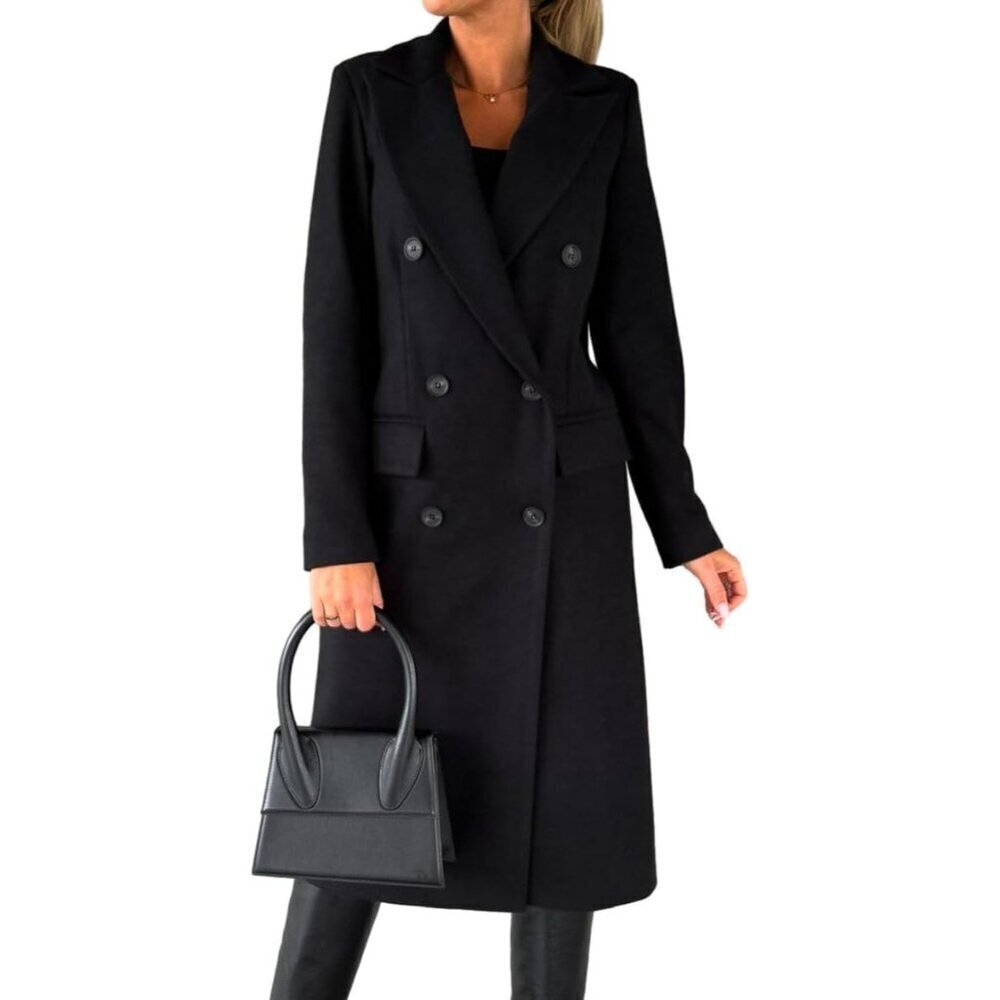 🆕Womens Black Long Wool Coat Double Breasted Trench Coat Fall Winter Clothes
